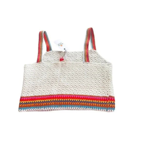 NWT Marine Layer $118 Crochet Crop Top W's XS Caro Tank White Rainbow Trim - Picture 16 of 16
